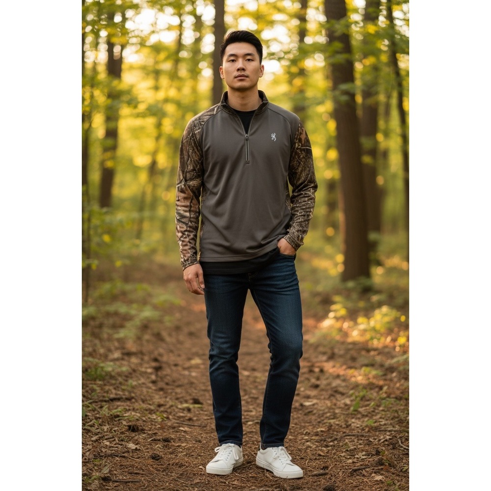 Browning Men's‎ Camo Sleeve 1/4 Zip Pullover Shirt Gray XL